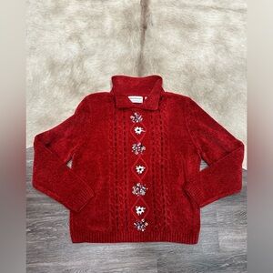 Vtg Alfred Dunner Sweater Holiday Floral Embroidered Collared Granny Core PS Red